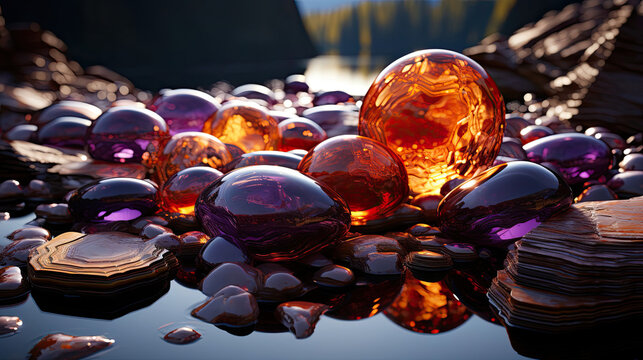 A close-up view of various agates on rocks transformed into a surreal 3D landscape. Use a color scheme that combines violet and brown tones with hints of dark orange and light black. Apply vray tracin