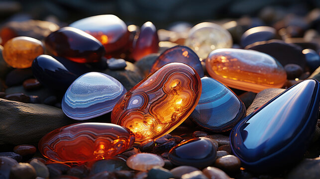 A close-up view of various agates on rocks transformed into a surreal 3D landscape. Use a color scheme that combines violet and brown tones with hints of dark orange and light black. Apply vray tracin