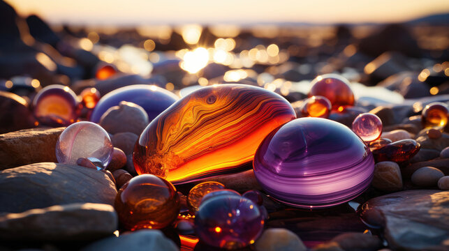 A close-up view of various agates on rocks transformed into a surreal 3D landscape. Use a color scheme that combines violet and brown tones with hints of dark orange and light black. Apply vray tracin