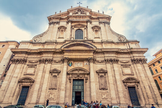 Facade of Chiesa San Marcello al Corso: A historic church in Rome known for its miraculous healing and beautiful artwork, Rome, Italy.