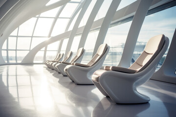 Futuristic airport departure lounge with white massage chairs.