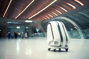Modern futuristic suitcase on wheels on the background of the airport.