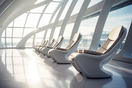 Futuristic airport departure lounge with white massage chairs.
