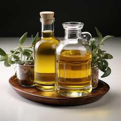 A clear glass bottle filled with olive oil under soft white light.