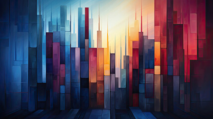 Architectural elements-focused abstract background incorporating shapes and forms inspired by buildings, bridges, or cityscapes. Combination of precise lines and bold colors convey the strength and el