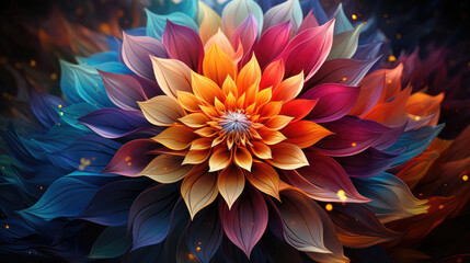 Fototapeta na wymiar Background image revealing a hypnotic mandala, influenced by psychedelic art, featuring a color burst of vibrant rainbow hues with fractal patterns and optical illusions, all digitally spun.