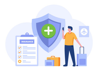 Travel insurance concept, protection, safe, business trip, traveler, vacation, airplane accident, policy flat vector banner for landing page website