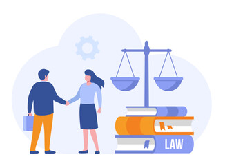 Law and justice scenes. lawyer consulting client, judge knocking with wooden hammer. Legal advice concept. Flat vector illustration banner for website
