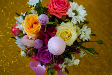 Happy easter! Flat Lay, Internet banner, postcard on Easter.  Bouquet of flowers and Easter eggs