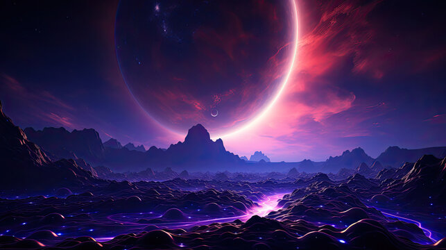 Cosmic and intergalactic theme abstract background using deep space colors and elements representing nebulae, galaxies, and stars.