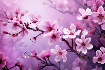 Fototapeta na wymiar The purple cherry blossoms are seen up close