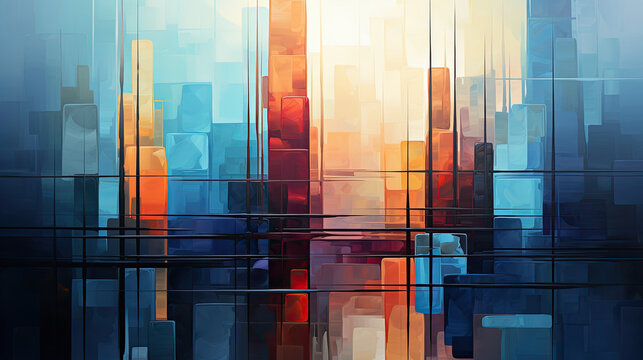 Architectural abstract artwork incorporating building-inspired shapes and forms. Precise lines and bold colors convey the strength and elegance of architectural design.