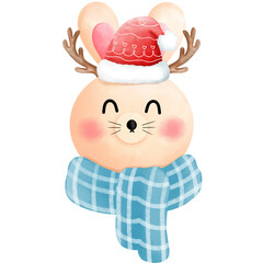 Watercolor christmas little bunny head clipart with red beanie hat and blue scarf.