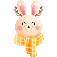 Watercolor cute happy bunny with antlers and yellow scarf illustration.