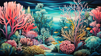 Fototapeta na wymiar Underwater coral reef inspired abstract background using vibrant colors like turquoise, coral pink, and sea green, with shapes and elements representing marine life.