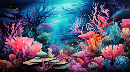 Obraz na płótnie Canvas Underwater coral reef inspired abstract background using vibrant colors like turquoise, coral pink, and sea green, with shapes and elements representing marine life.