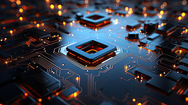 Futuristic cybernetic abstract background with metallic tones and elements like sleek lines, circuit board patterns, and neon accents.