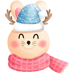 Watercolor christmas bunny head clipart with blue beanie hat and pink scarf.