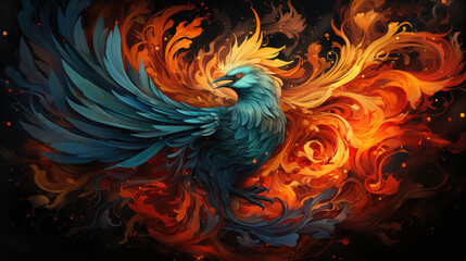 Background image illustrating a stylized phoenix in the style of graffiti art, colored in shades of fiery red and ash grey, capturing fluid lines and street aesthetics in digital spray.