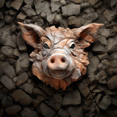 Image of a pig face made with various stones gathered together. Farm animals. Illustration, Generative AI.