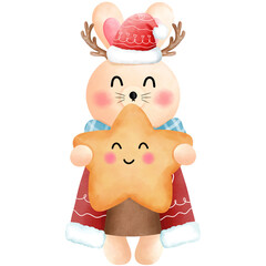 Festive christmas bunny clipart.Cute little bunny with star,antlers,blue scarf,red beanie,red and brown dress.