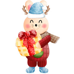 Festive christmas bunny clipart.Cute little bunny with gift box,antlers,blue beanie,brown scarf,red and green clothes.
