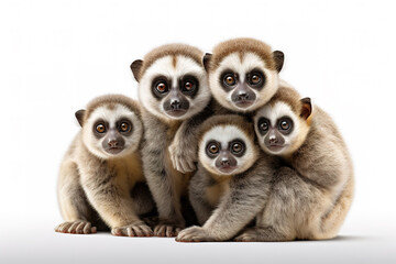 Image of family group of Slow lorisess on white background. Wildlife Animals. Illustration, Generative AI.