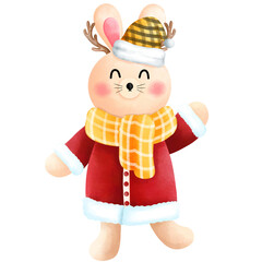 Festive christmas bunny clipart.Cute little bunny with antlers,blue scarf,red beanie and red santa claus costume.