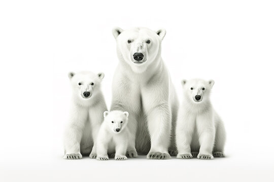 Image Of Family Group Of Polar Bears On White Background. Wildlife Animals. Illustration, Generative AI.