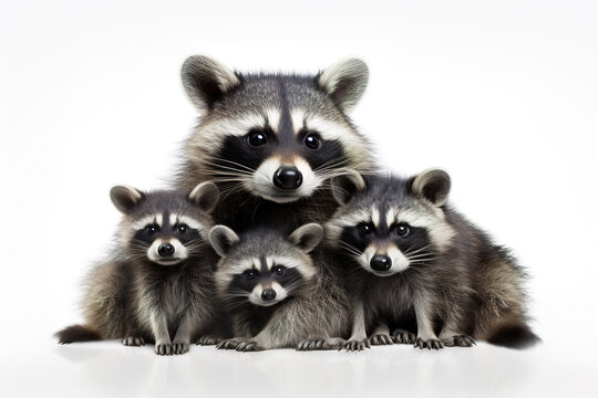 Image of family group of racoons on white background. Wildlife Animals. Illustration, Generative AI.