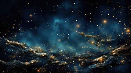 Cosmic and celestial themed abstract background with a deep indigo and midnight blue base, featuring elements like constellations and stardust in silver and gold.