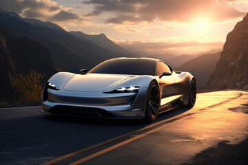 The realism of electric cars Futuristic sports cars on the highway Powerful acceleration of a super car on a night track with lights and trails. 3D illustrations. Realistic wide angle lens.