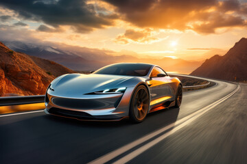 Fototapeta premium The realism of electric cars Futuristic sports cars on the highway Powerful acceleration of a super car on a night track with lights and trails. 3D illustrations. Realistic wide angle lens.