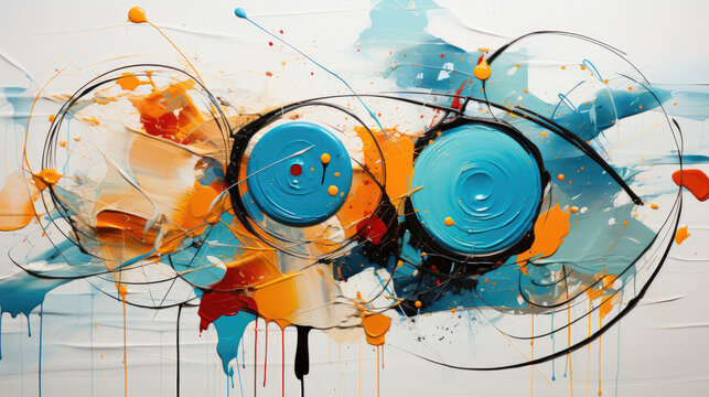 Chaos and order-themed abstract composition with a combination of chaotic and structured elements, such as random splatters and precise lines. Contrasting colors represent the tension and balance betw