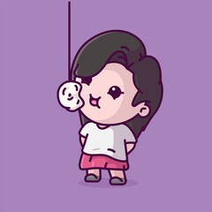 Cute girl eating kerupuk in indonesian independence day cartoon vector illustration