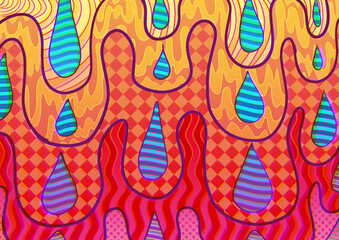 Lined drips background. Colorful illustration wallpaper for desktop computer, laptop, and phone. Groovy trippy art style with glitchy elements.