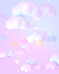 3d rendered cartoon pastel hanging stars sky.