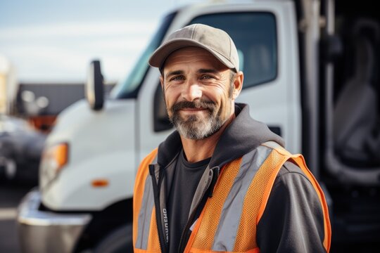 Happy confident male driver standing in front of his truck