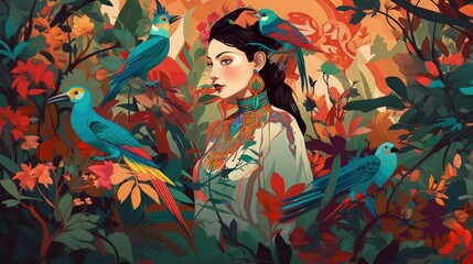 Portrait of a woman in the forest with birds art background. Generative Ai