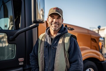 Naklejka premium Happy confident male driver standing in front of his truck
