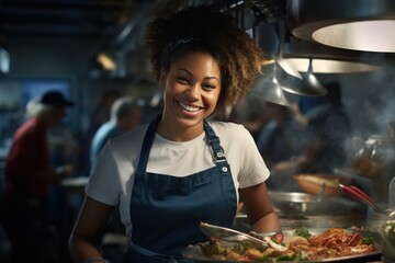 African American female chef having fun while preparing food in the kitchen at the restaurant.
