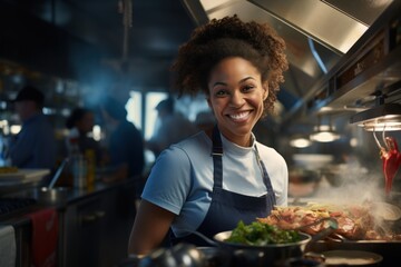 African American female chef having fun while preparing food in the kitchen at the restaurant.
