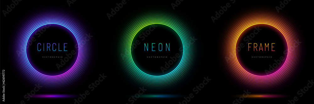 Sticker collection of glowing neon frame lighting round lines on background. set of blue, red-purple, green 