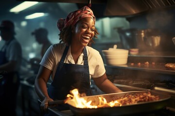 African American female chef having fun while preparing food in the kitchen at the restaurant.