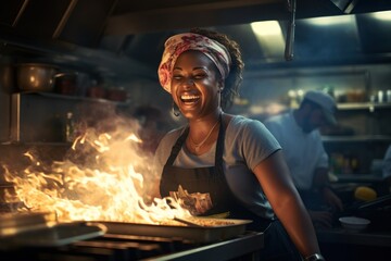 African American female chef having fun while preparing food in the kitchen at the restaurant.