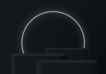 3D podium background. Black round corner product display set with glowing neon ring on wall scene. Abstract composition in minimal design. Platforms product presentation. Black friday stage showcase.
