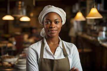 Happy african american woman with arms crossed while working as chef in restaurant and looking at camera