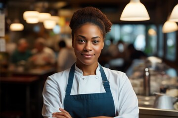 Happy african american woman with arms crossed while working as chef in restaurant and looking at camera