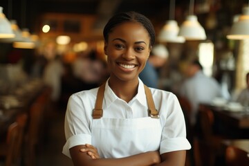 Happy african american woman with arms crossed while working as chef in restaurant and looking at camera