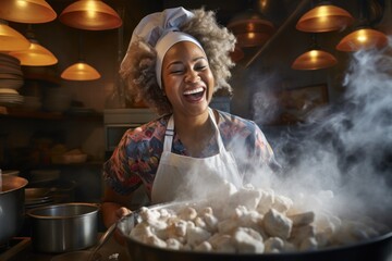 African American female chef having fun while preparing food in the kitchen at the restaurant.